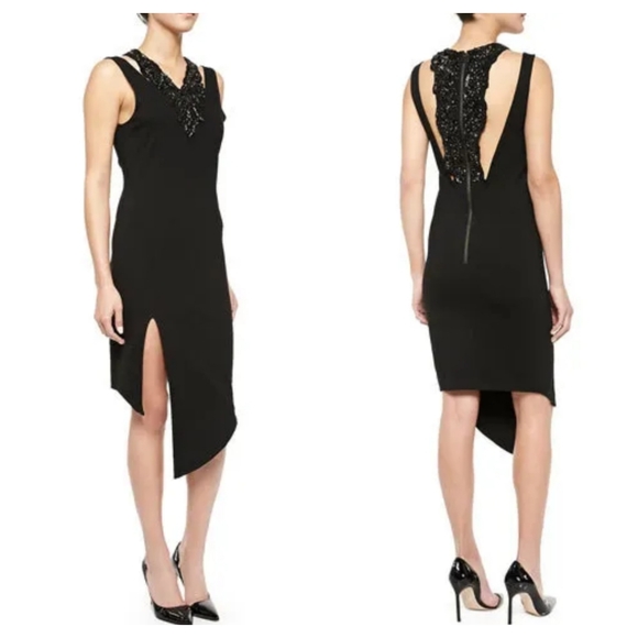 NEW Haute Hippie Black Asymmetrical Beaded Neckline Slit Mini Dress